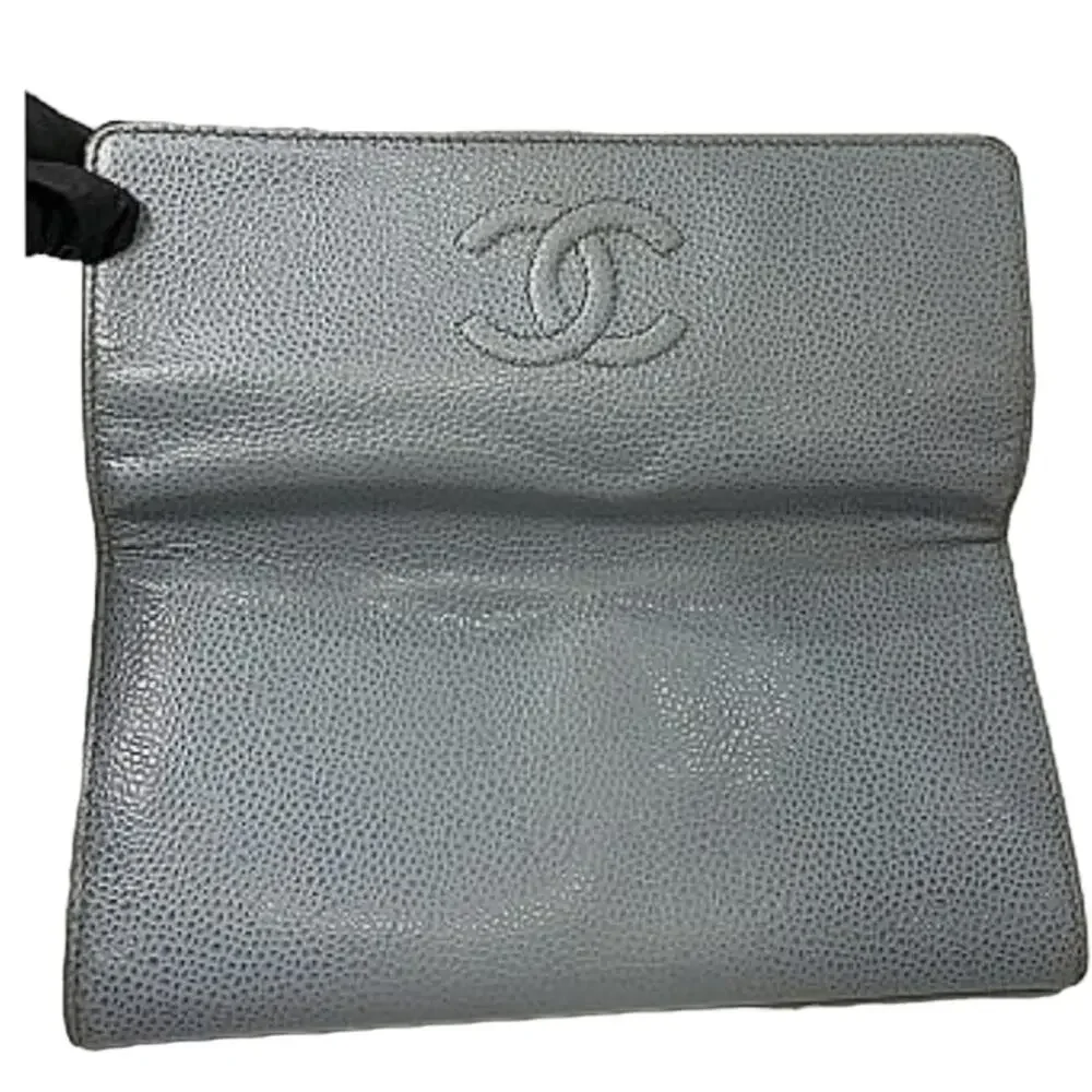 Chanel Powder Blue Logo Caviar Leather Long Wallet
